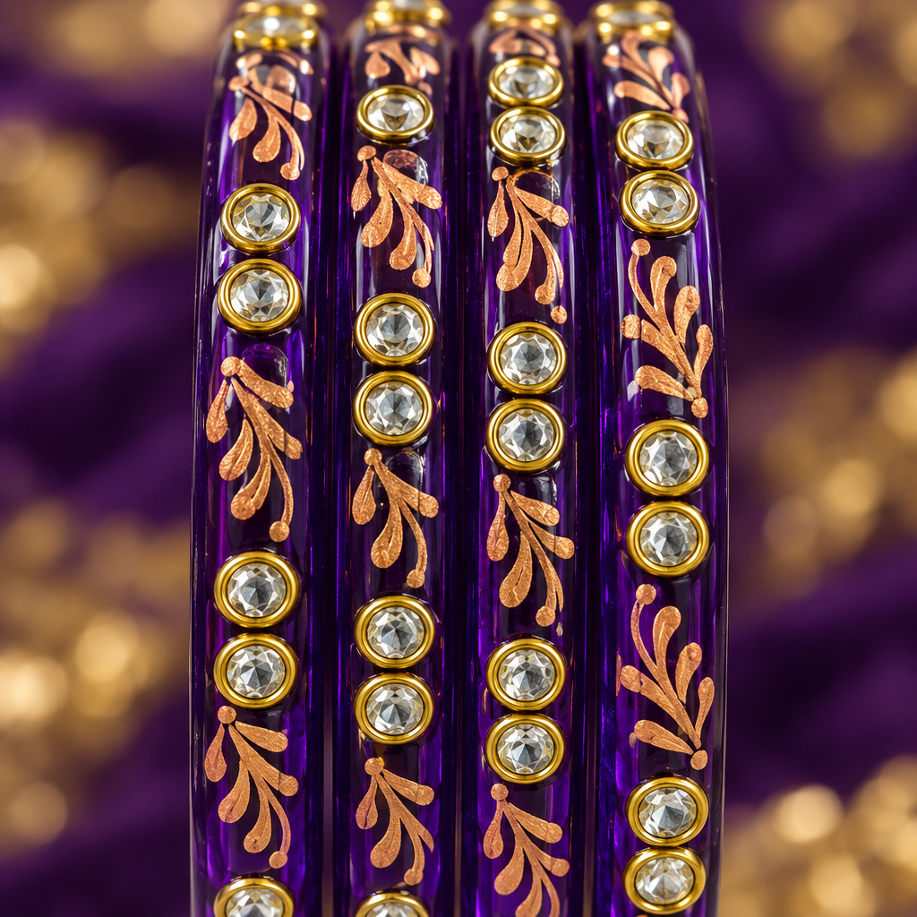 Deep Purple gold vine kundan glass bangles - close-up detail