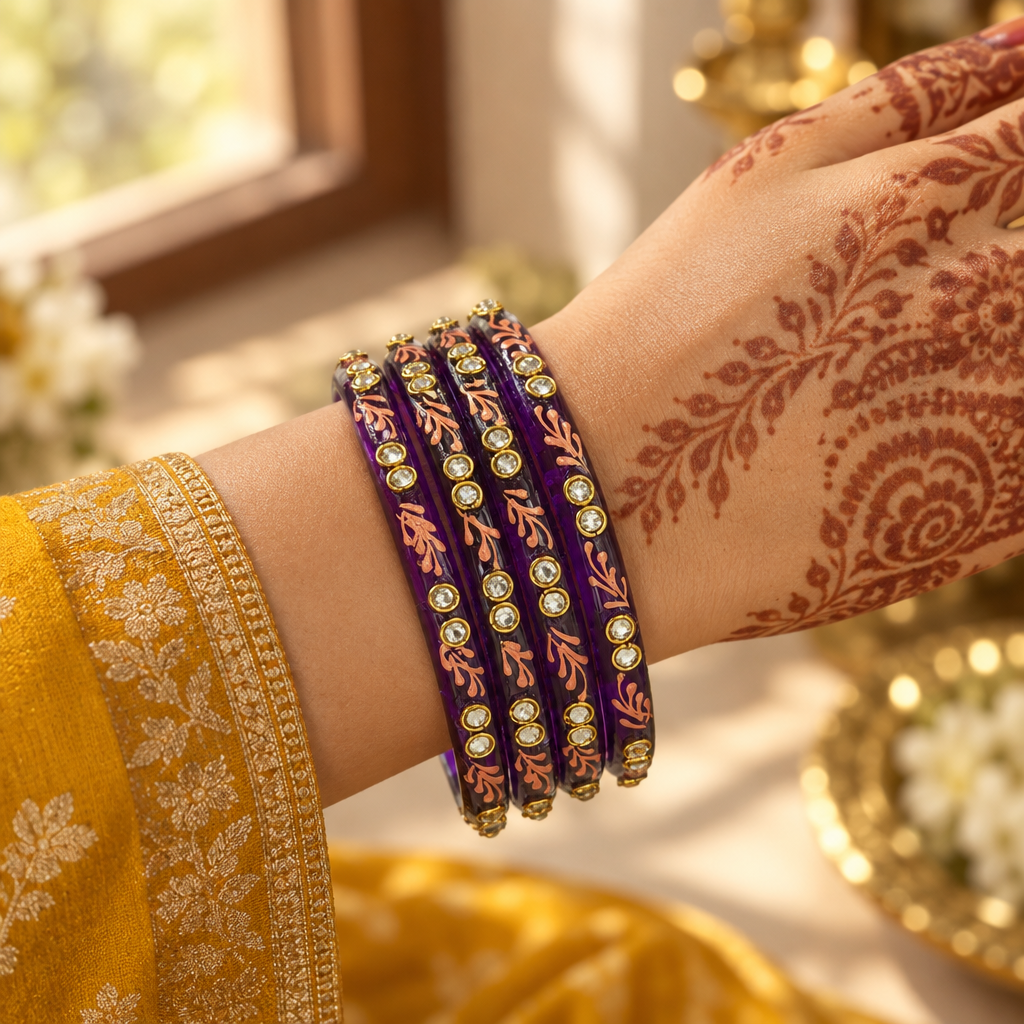 Deep Purple gold vine kundan glass bangles - worn on hand