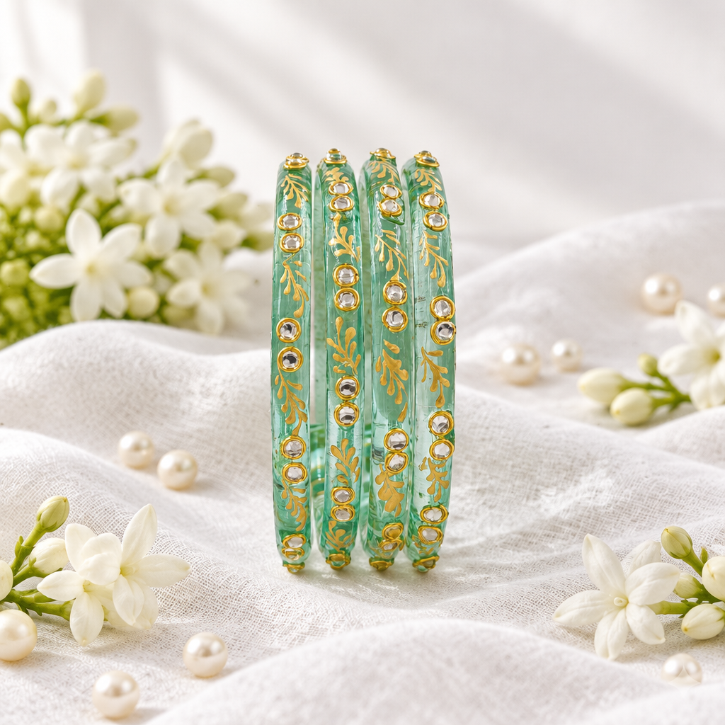 Sea Green gold vine kundan glass bangles - lifestyle