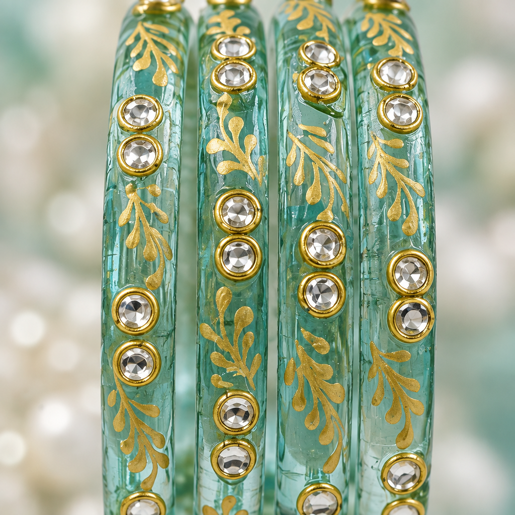 Sea Green gold vine kundan glass bangles - close-up detail