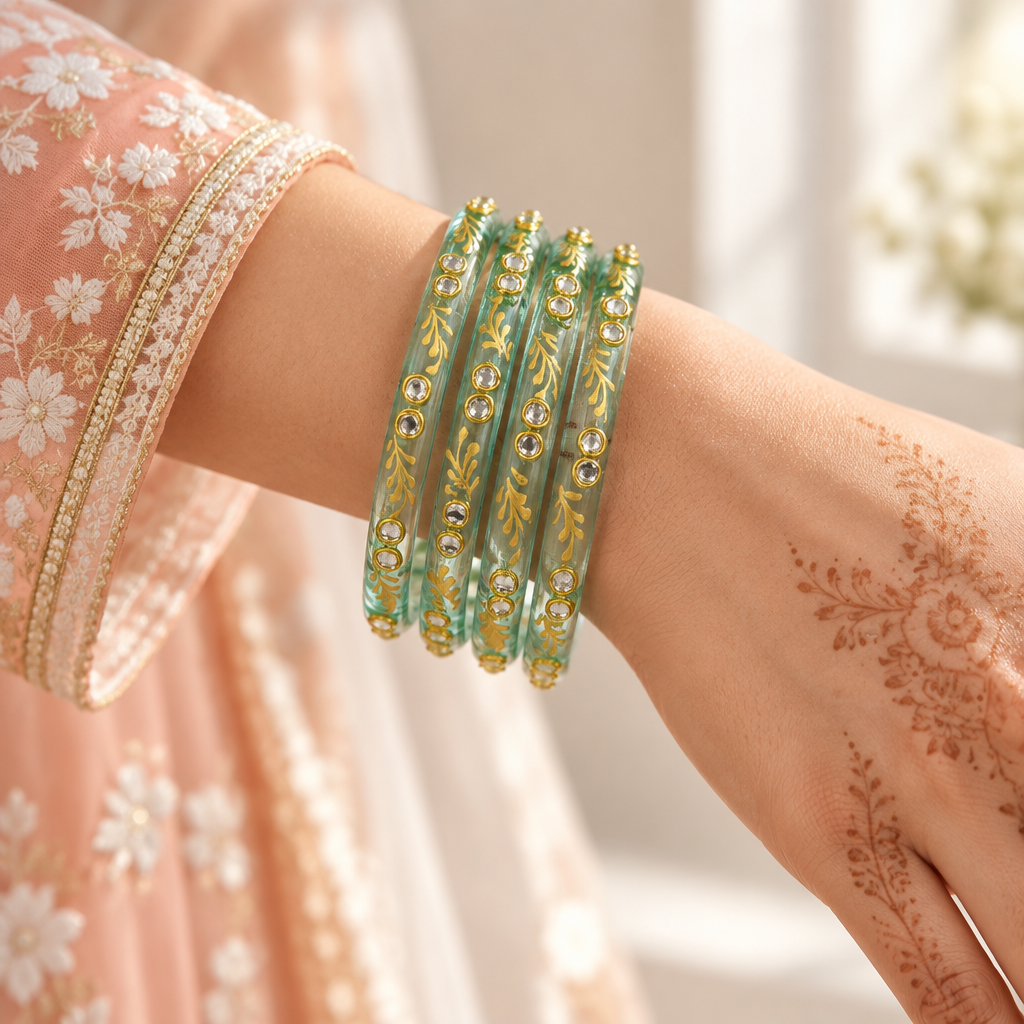 Sea Green gold vine kundan glass bangles - worn on hand