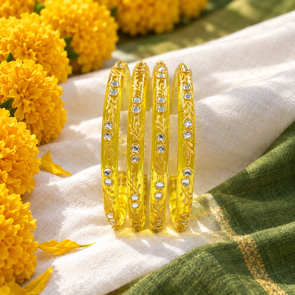 Lemon Yellow gold vine kundan glass bangles - lifestyle
