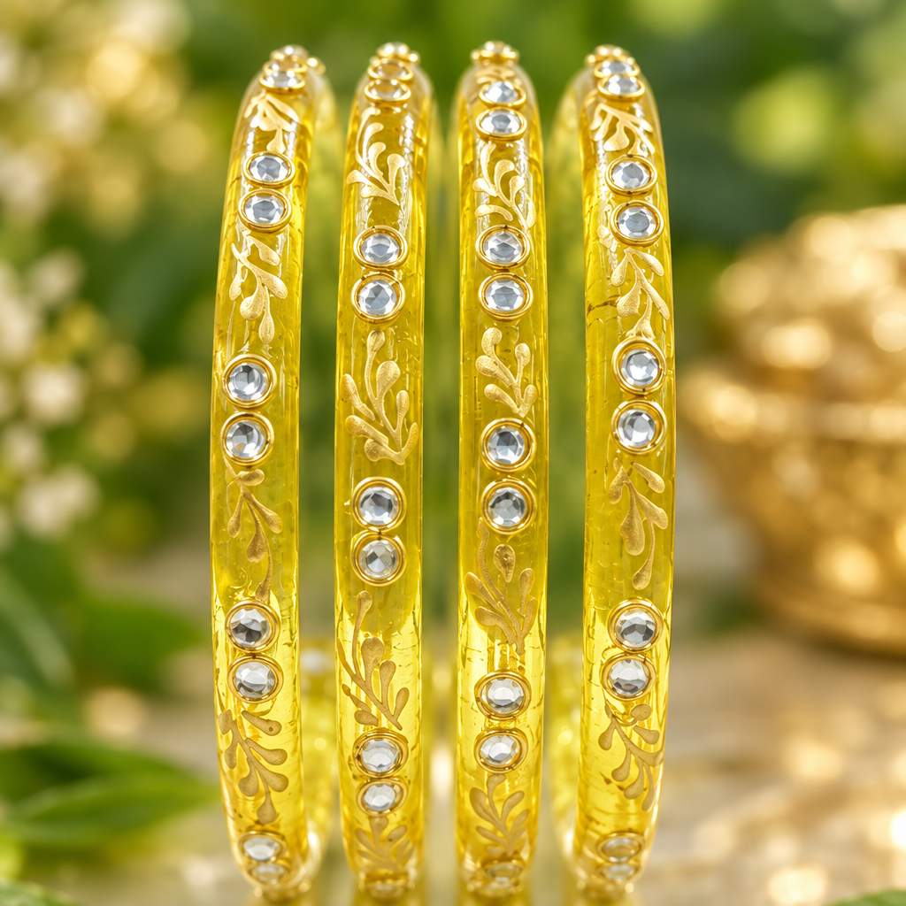 Lemon Yellow gold vine kundan glass bangles - close-up detail