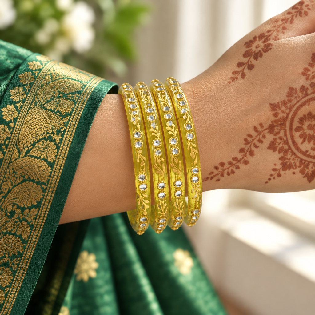 Lemon Yellow gold vine kundan glass bangles - worn on hand