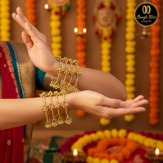 Vintage 6-Ghar Ghunghroo Kangan Set (Set of 4) Traditional Gold & Antique Finish - by Bangle Bliss