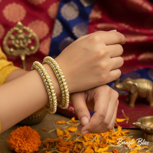 The Classic Edge Pearl & Stone Kadas Golden & Antique Finish Set of 2 - by Bangle Bliss