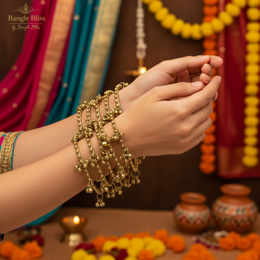 Antique Gold Jhalar Bangles 4 Pc Latkan Wali Chudi Hanging Ghunghroo Set - by Bangle Bliss